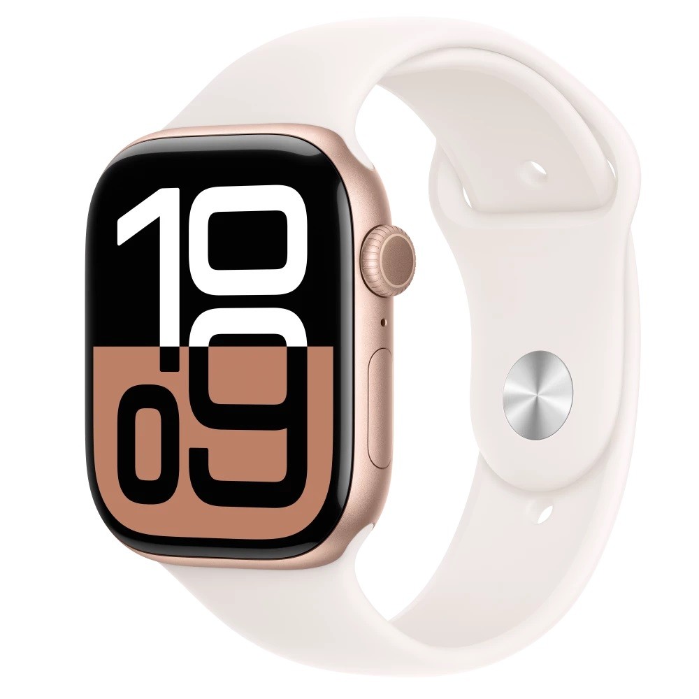 Apple Watch Series 10 GPS, koperta 46 mm z aluminium w kolorze różowego złota z paskiem sportowym w kolorze łagodnego różu - rozmiar S/M