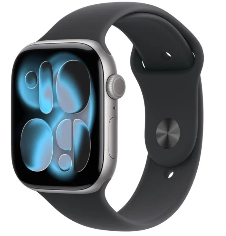 Apple Watch Series 11 GPS koperta 46 mm z aluminium w kolorze gwiezdnej szarości, pasek sportowy w kolorze czarnym - rozmiar S/M