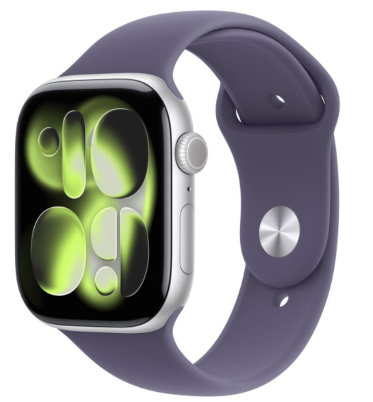 Apple Watch Series 11 GPS koperta 46 mm z aluminium w kolorze srebrnym, pasek sportowy w kolorze mlecznego fioletu - rozmiar M/L